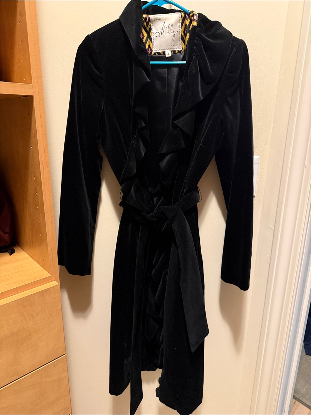 Milly Black Velvet Ruffle-Front Tie Coat